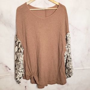 HUMMINGBIRD Tan Snake Print Sleeves Side Ties Long Sleeve top 1XL